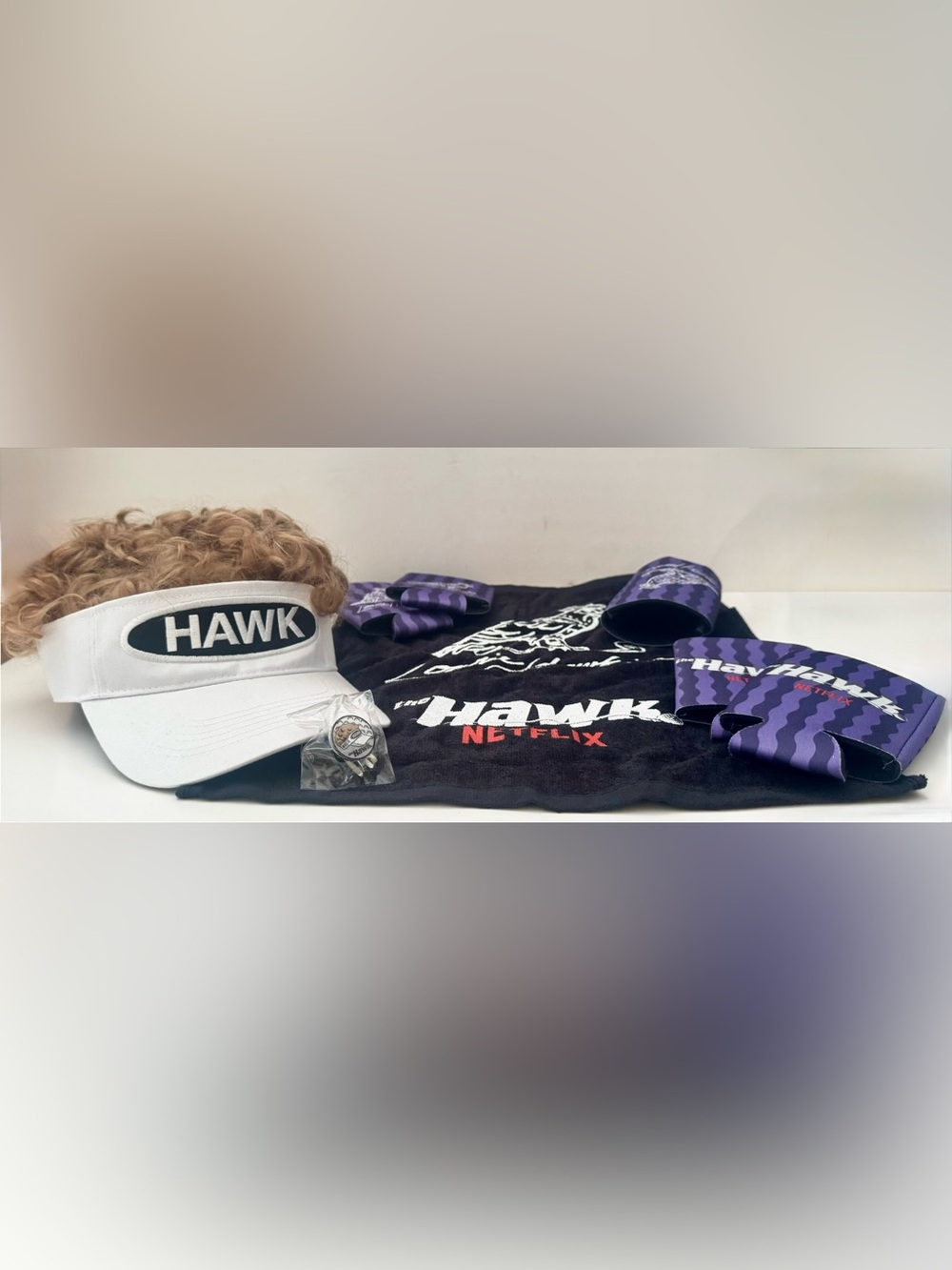 8piece the hawk netflix will ferrell memorabilia wig visor/towel/golftag/koozies